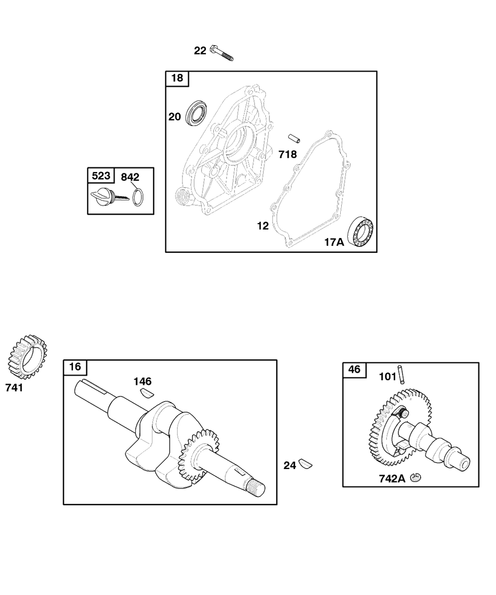 Camshaft, Crankcase Cover, Crankshaft Diagram and Parts List for 86432-0136-E1  Briggs and Stratton Engine